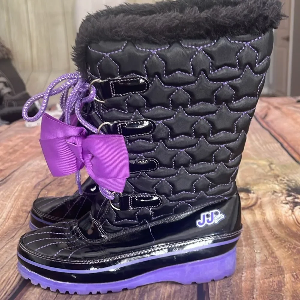 JOHO SIWA boots Youth Size 2 Black/purple Bow Faux fur Lace up LIKE NEW!